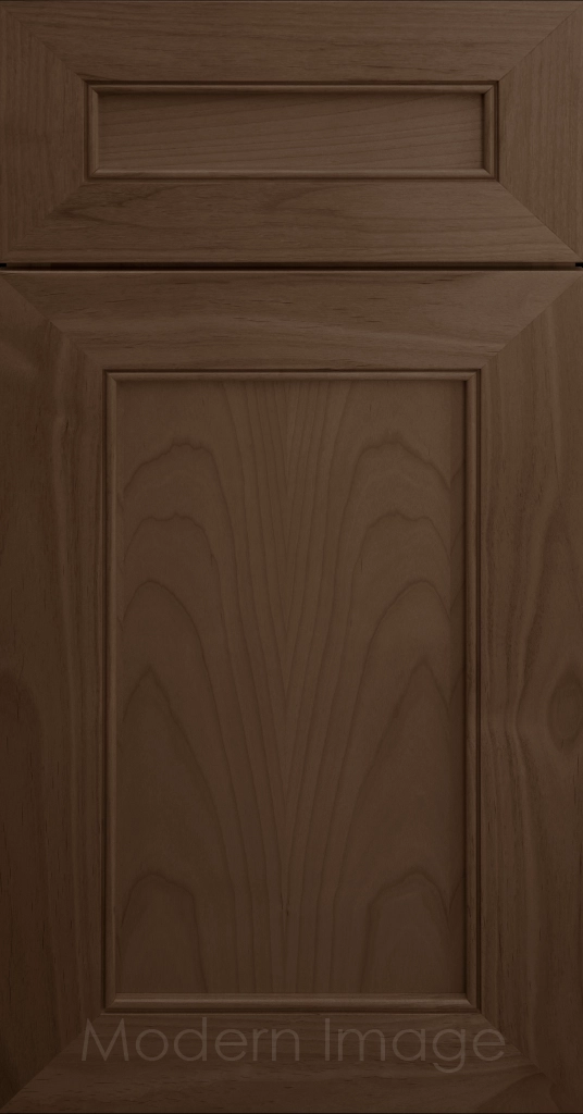 Highland Driftwood-stained Shaker kitchen cabinet door with wide rails and a flat center panel.